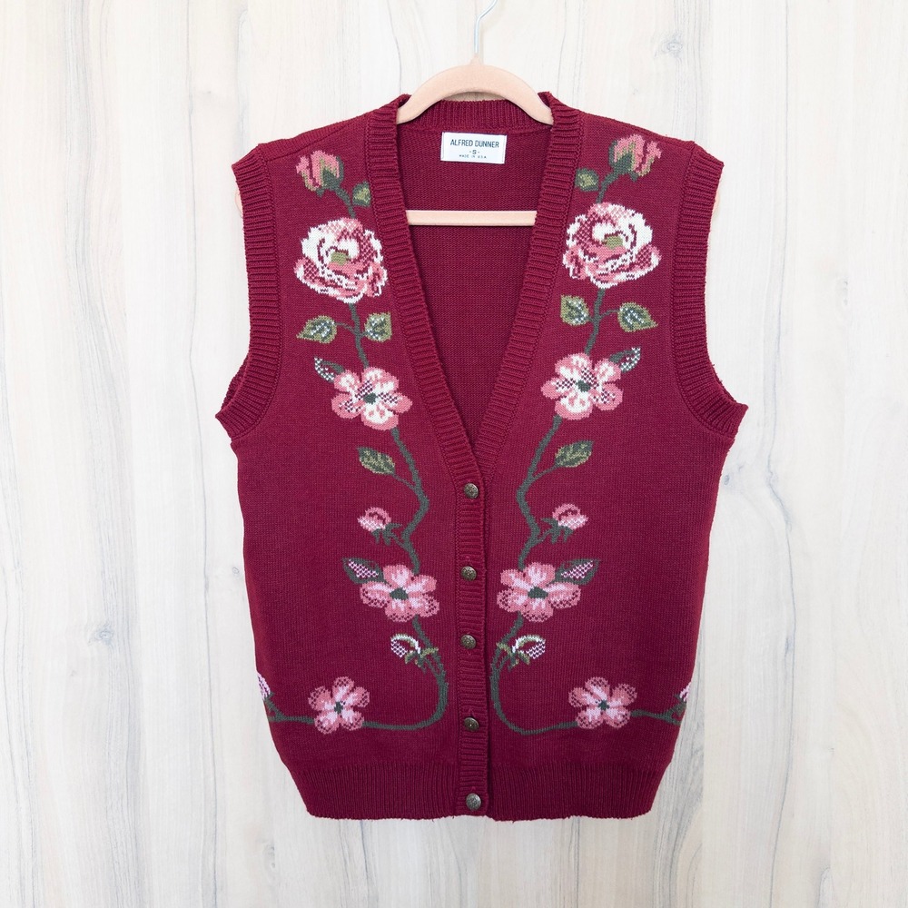 Vintage Alfred Dunner Women Floral Sweater Vest S Red Button Front Cottage Retro